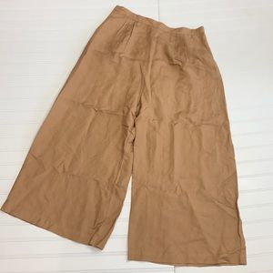 First Rite Sz L Linen Crop Trouser Culottes Brown Pleats Pockets